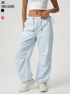 A1 Women's Y2K Baggy Parachute Pants Lightweight Quick-Dry Breathable Woven Fabric Cargo Joggers High Waisted Elastic Drawstring Wide Leg Streetwear Athleisure Casual Trousers Adjustable Ankle Cuffs