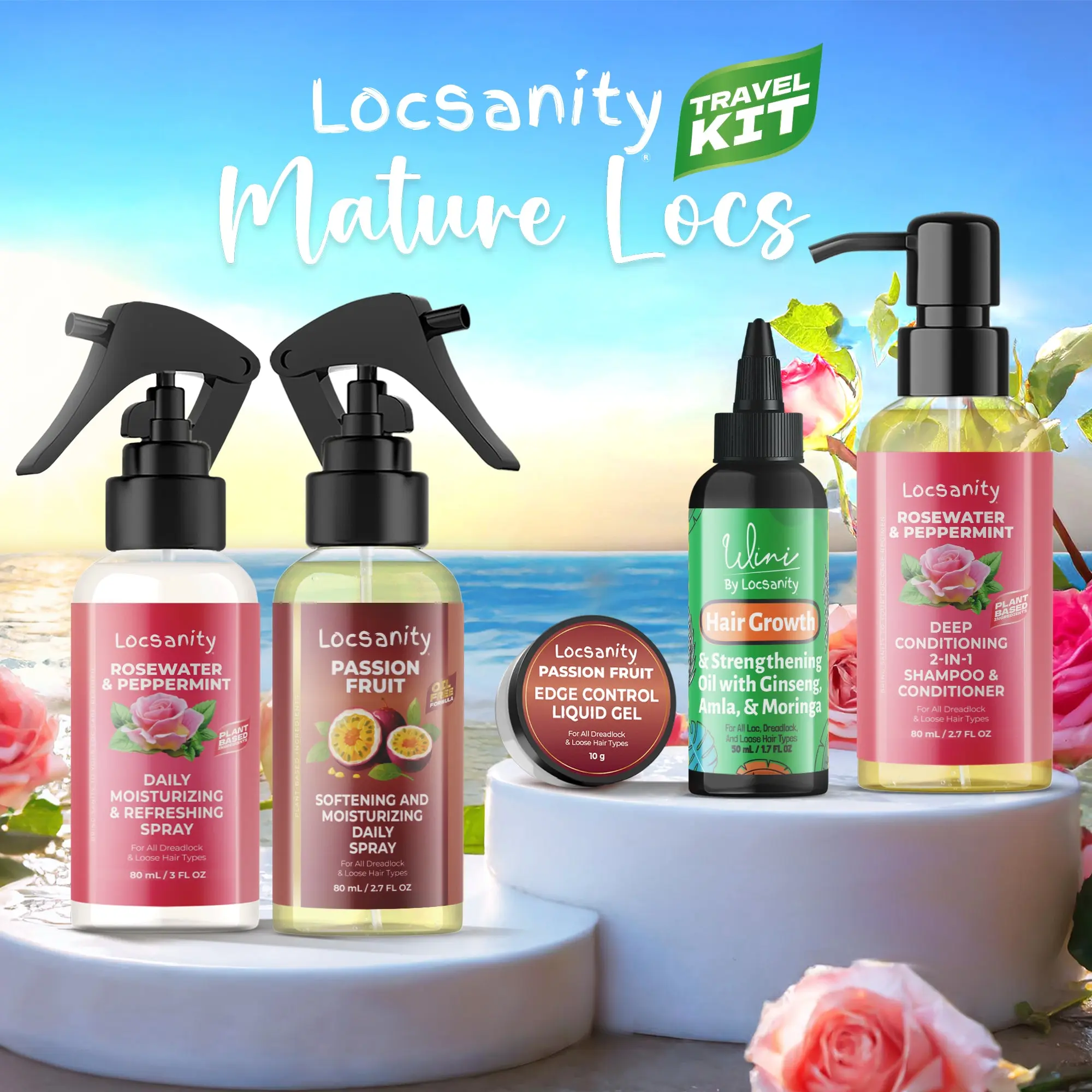 LOCSANITY Mature Locs Travel Kit, 5-Piece Haircare Set for Daily Moisture & Nourishing Frizz Control with Cleanser, Oil & Moisturizer, Cleansing, Traditional, Peppermint, Shampoo & Conditioner, Gel, Hydrating, Moisturizing, Microlocks, Hair Oiling Routine