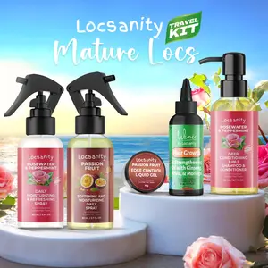 Locsanity Mature Locs Travel Sample Toiletry Kit - 2-in-1 Cleansing Shampoo Conditioner, Hair Oil, Passion Fruit Rosewater, Peppermint Sprays, Liquid Edge Gel, Daily Frizz-Control Haircare Hydrator