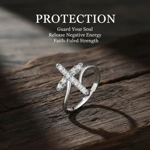 Protective Ring the Power of God Adjustable Sliver Plated Cubic Zirconia Cross Ring for Women - Dispel negative energy Return to sender