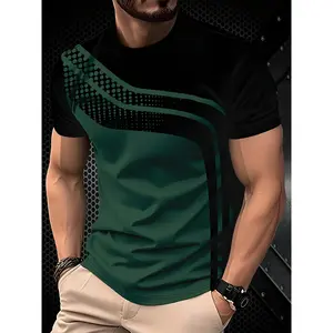 [Breathable Polyester Short Sleeve Tee] Men's Fashionable Digital Print Short Sleeve T-Shirt in Black & Gray Stripes - Breathable Polyester, Moisture-Wicking, Durable & Machine Washable - Ideal for Casual or Dressy Looks Menswear Top
