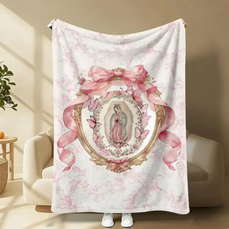 Our Lady of Guadalupe Pink Bow Frame Flannel Throw Blanket - Super Micro Plush, Warm Durable Polyester, Wrinkle Resistant, Colorful Sloth Pattern, Teen Size 60"x50", Adult Size 80"x60" - Ideal for Bed Use, Female Catholic Fans Gift