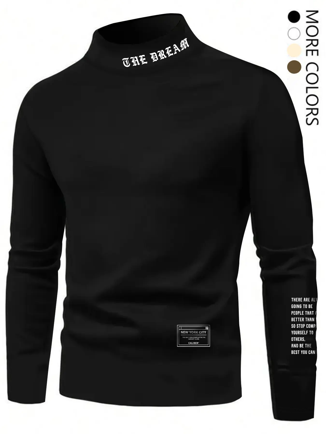 THE BREAM Motivational Quote Graphic Turtleneck - Black Slim Fit Casual Long Sleeve Top (Multi Colors) | Fall Winter Layering Outfit for Men Garment Menswear