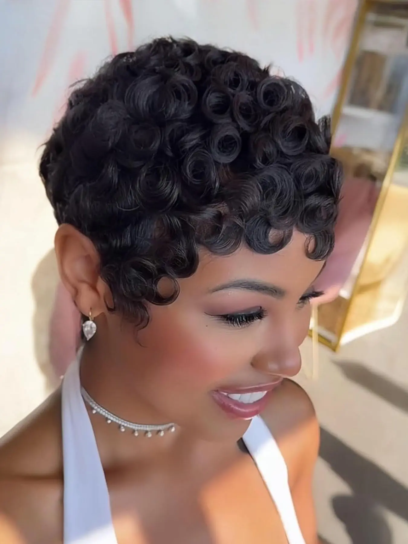 Curly Pixie Cut Wig for Women, Glueless Wigs, Synthetic Hair, Glueless Design, Short Layered Style with Bangs, Natural, Daily Wear, Soft Curly Wig, Kinky Curly Wig