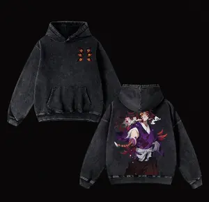 Moon Breathing Kokushibō Hoodie – Demon Slayer Upper Moon 1 Oversized Washed Hoodie, Crescent Blade Villain Graphic, Heavyweight Cotton Unisex Streetwear 0X