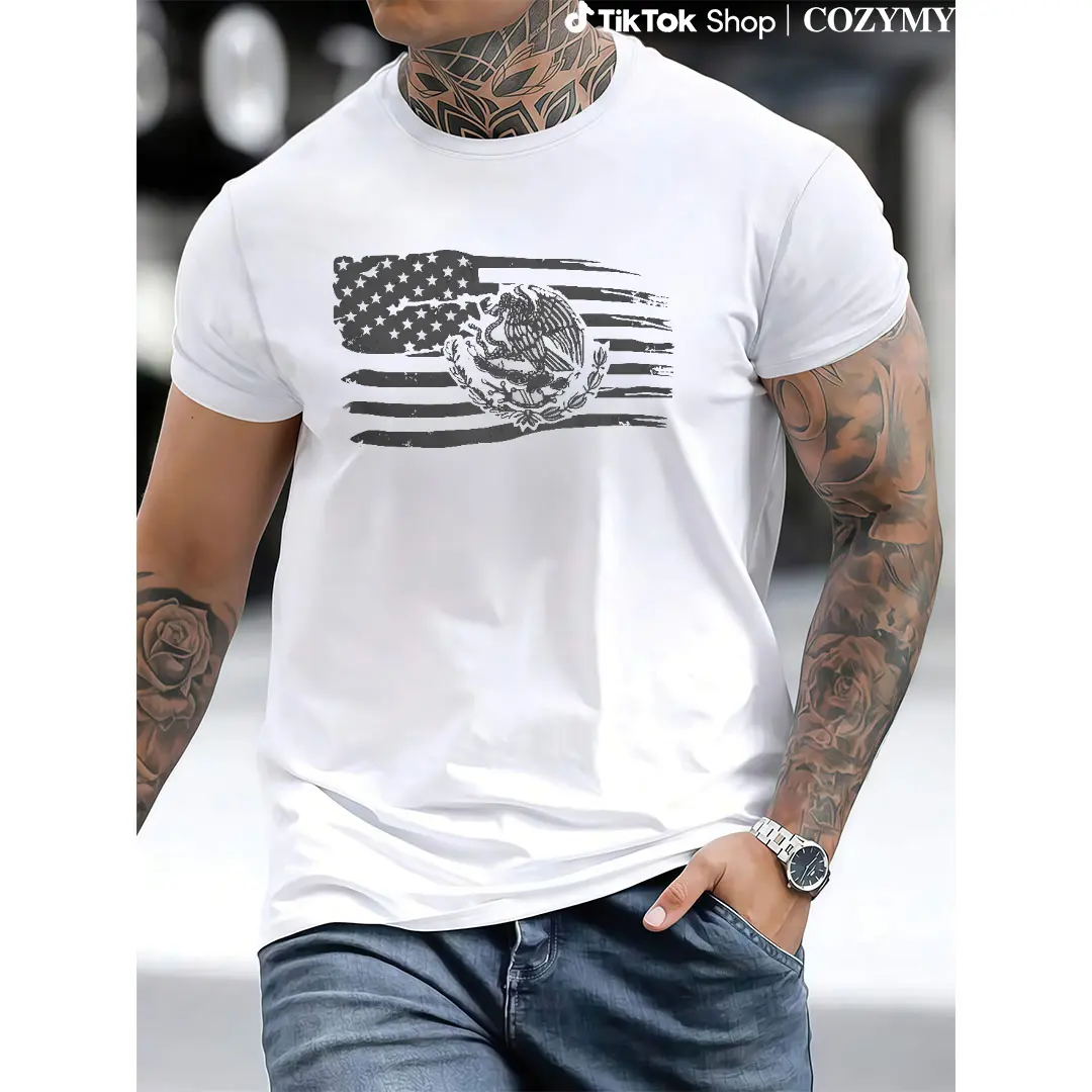 Mexican American Flag T-Shirt - Crew Neck, Regular Fit, Casual Style, Lightweight, Machine Washable - Classic Crewneck Menswear