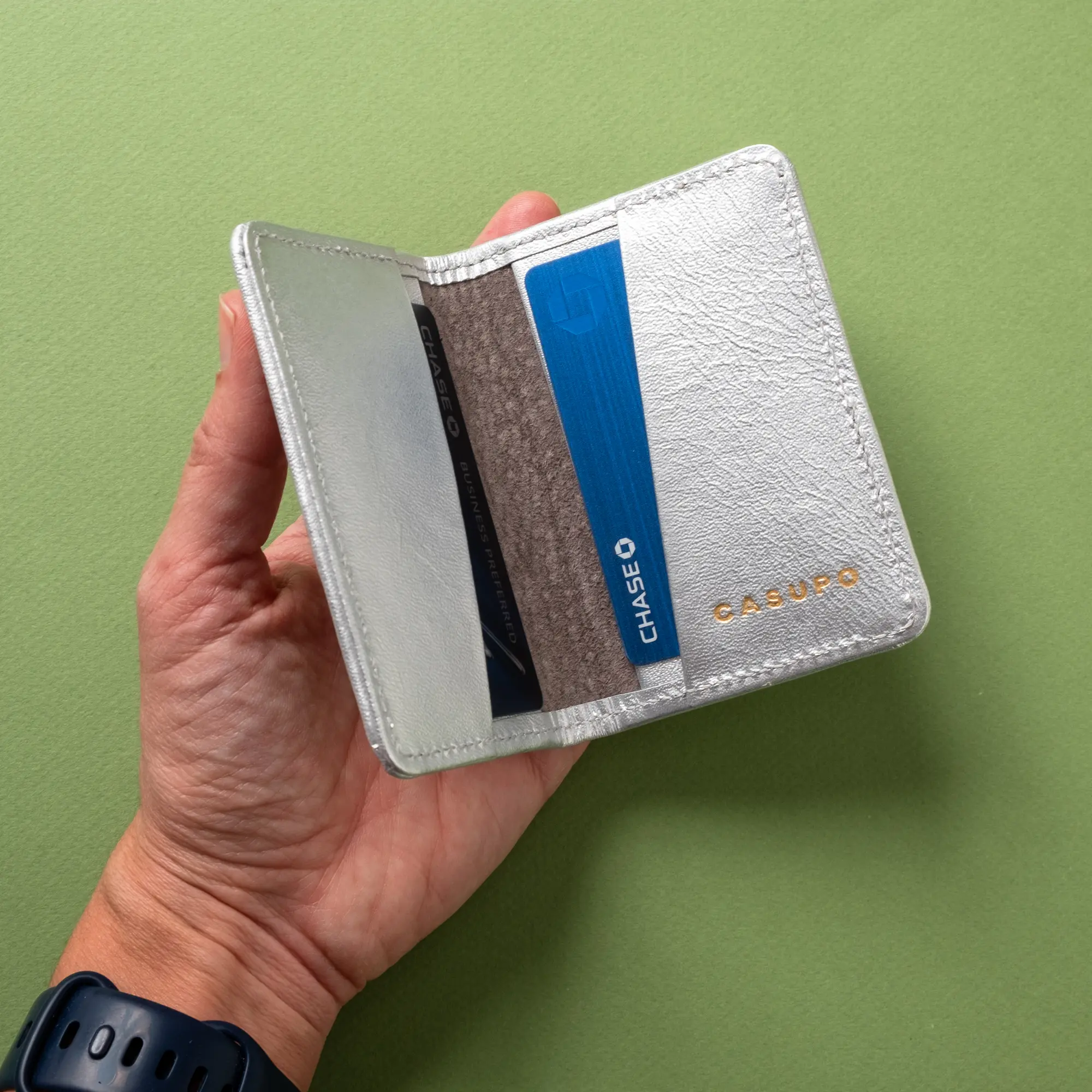 Compact Leather Bifold wallet with RFID Protection - Metallic Silver