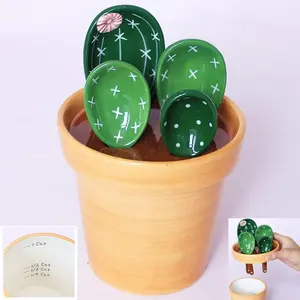 Cactus Measuring Spoons Set in Pot Ceramic Cute Measuring Cups and Spoons  Baking Gifts for Dry Wet Ingredients Dishwasher Safe 1 Tbsp 1 TSP 1/2 TSP 1/4 TSP 1 Cup Green