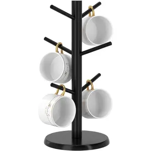 Black Coffee Mug Tree, Updated Thick Bamboo Mug Holder Base,Coffee Cup Stand Mug Holders with 6 Hooks for Countertop Cup Rack Organizer Stand (Black)