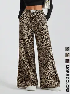 Leopard print woven women's wide leg casual pants