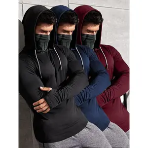 Men's Solid Color Thumb Hole Design Sports Tee, Casual Long Sleeve Stand Collar T-shirt with Mask & Gloves, Athletic Wear for Indoor & Outdoor, Gym Workout Tops and Techwear Athleisure Street Fit