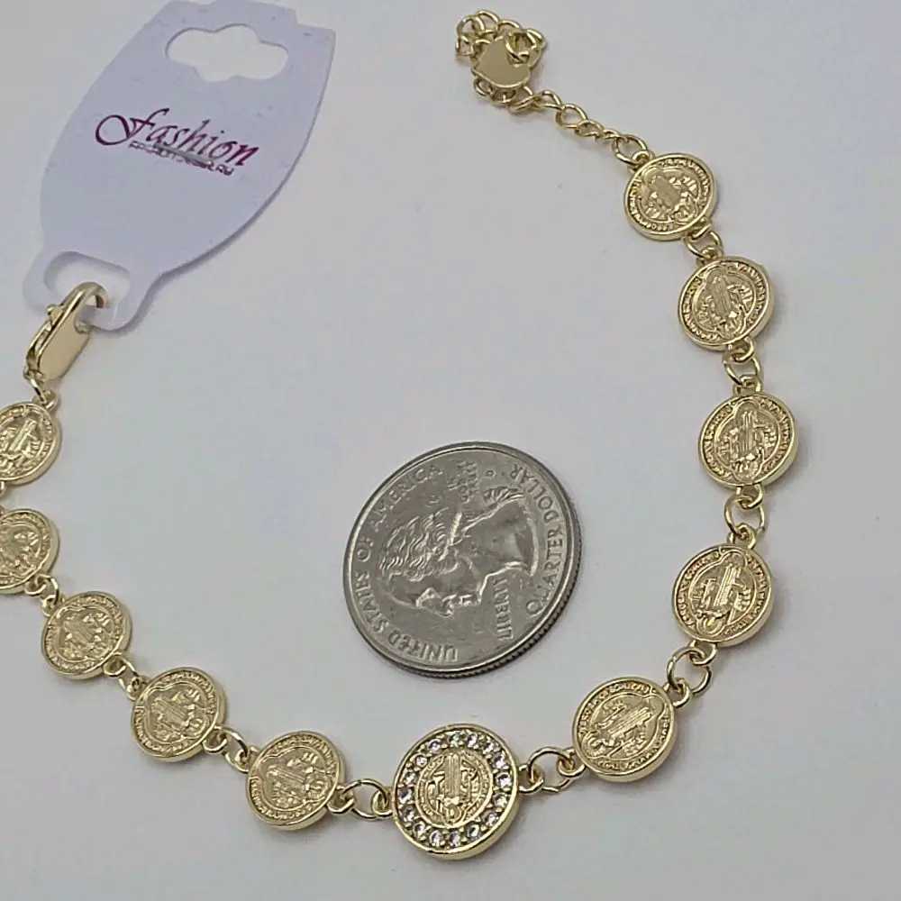 SAINT BENEDICT religious bracelet coins style 7to 9"inches gold-plated clear stone's