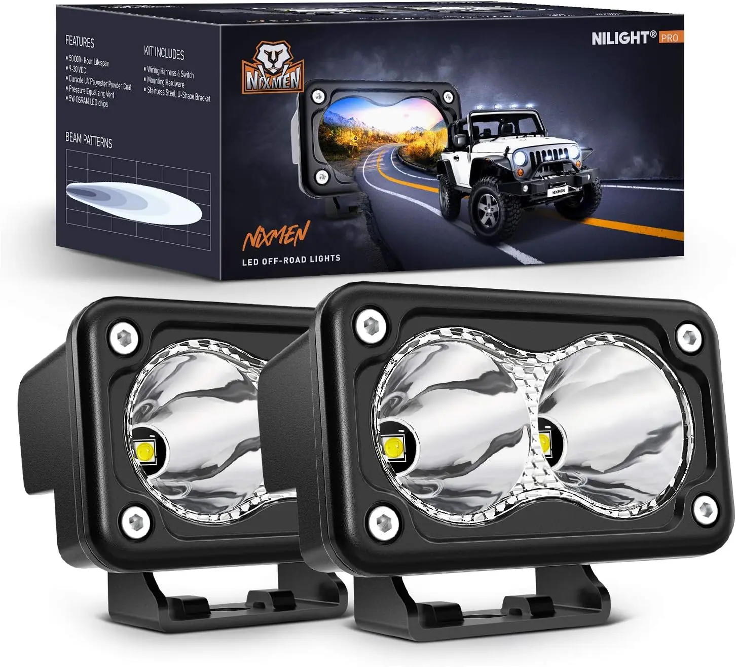 Nilight 2PCS 3-in-1 Mountable Aluminum LED Driving Lights - 1300LM High Lumen Headlight, 10° Spot Beam, Built-in EMC, Long Range, Waterproof, Universal Fit, with Mounting Hardware for Off-Road Motorcycles, SUVs, Driving Light