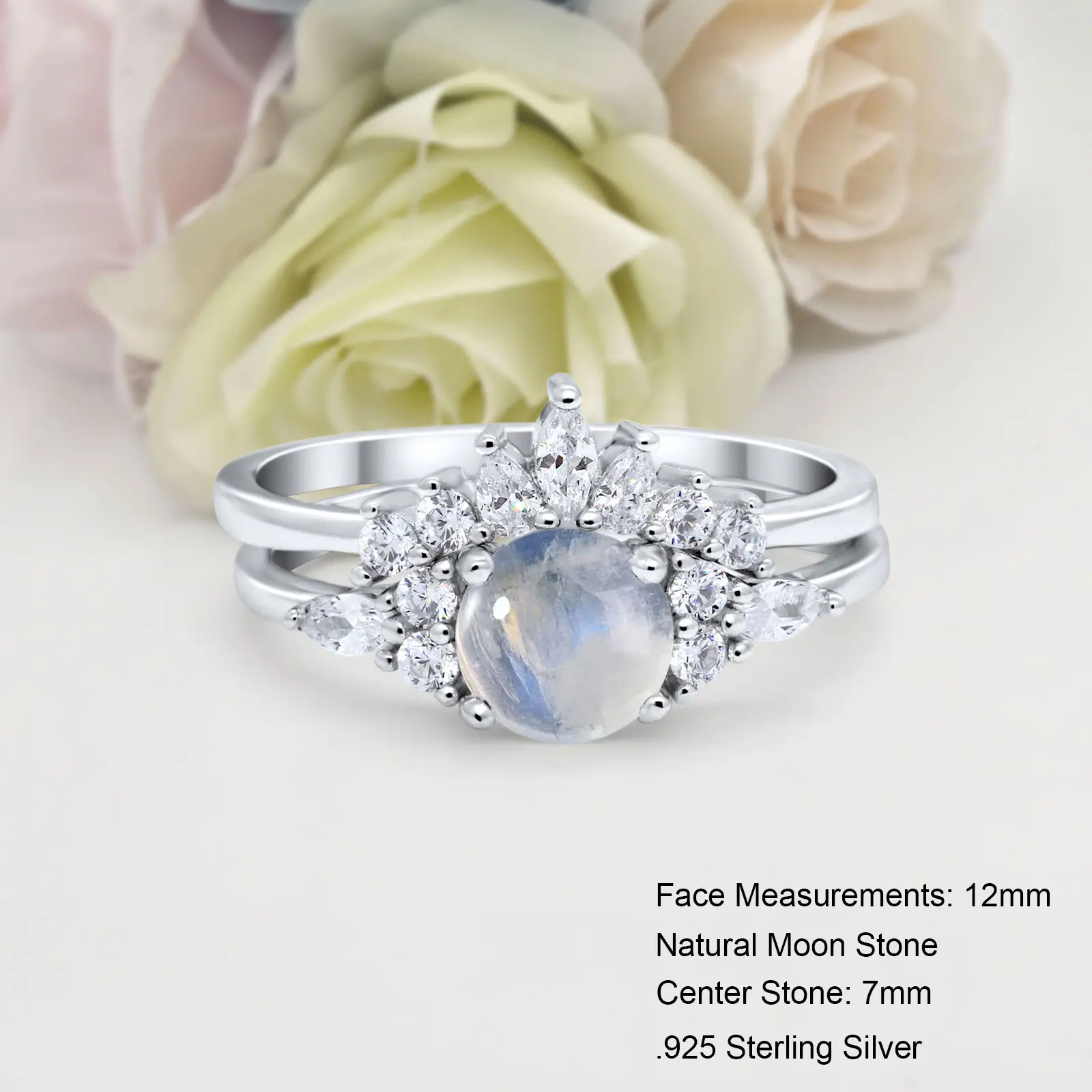 Two Piece Round 0.84CT Natural Moon Stone Bridal Band Women Ring Wedding Engagement Round Shape Ring 925 Sterling Silver 7mm