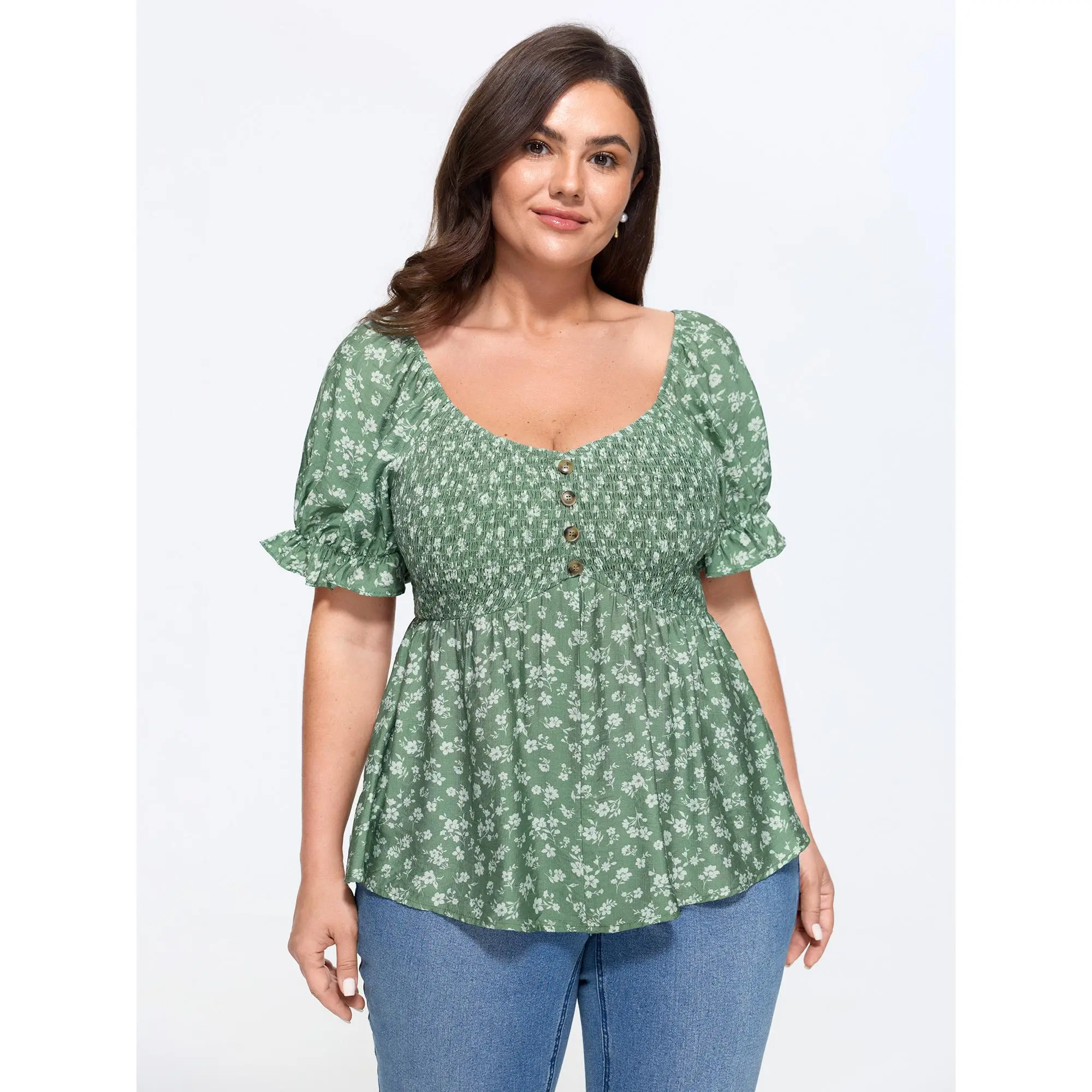 BloomChic Women's Plus Size Floral Print Puff Sleeve Top, a Shirred Fit-and-Flare Garment in a Smooth Rayon Nylon Fabric, Lady, Plus Size Tops, Shirts, Blouse Top