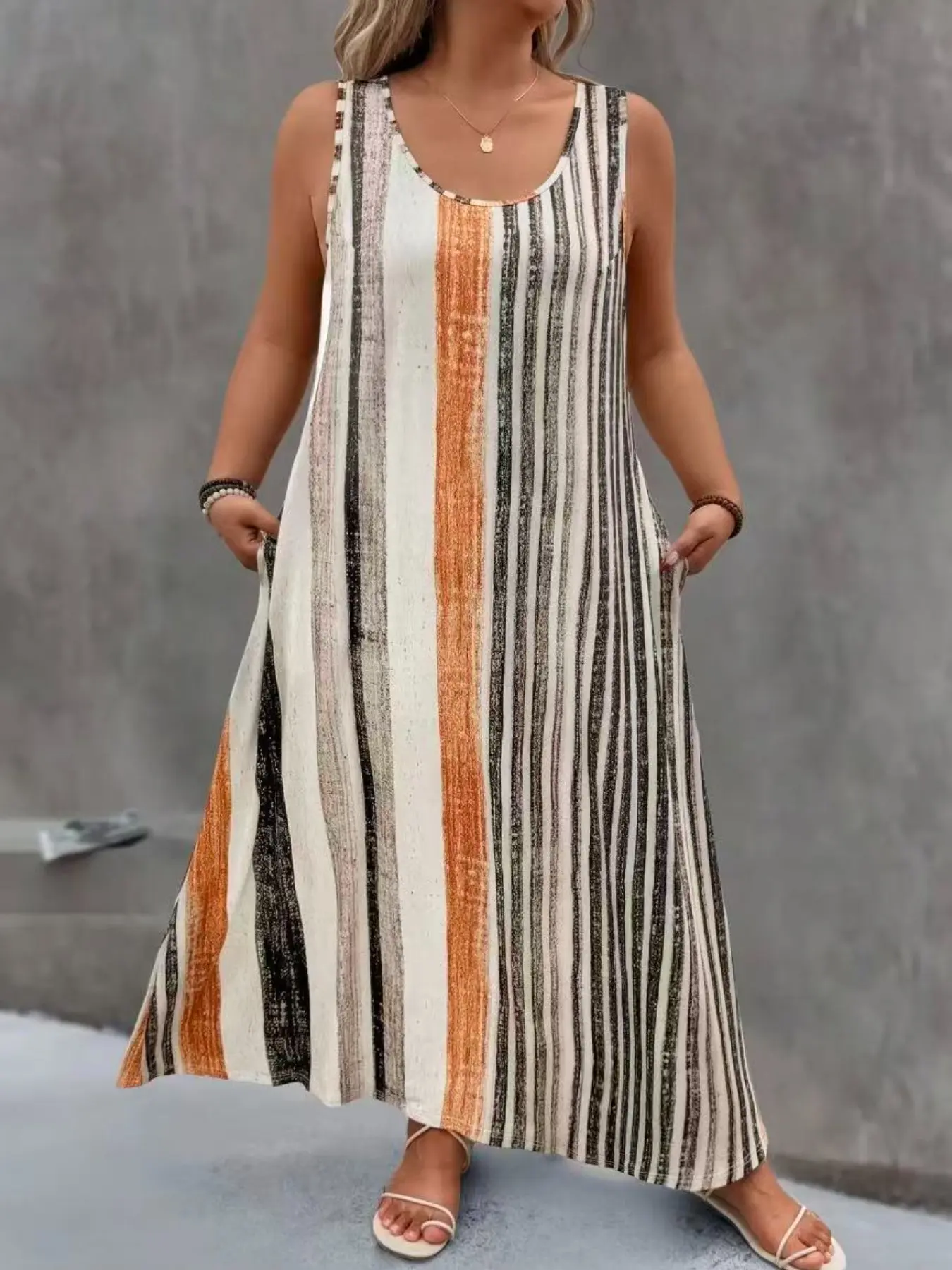 Women's Plus Size Multi-Color Irregular Striped Print Soft Skin-Friendly Tank Dress Pajama Set, Ultra Comfortable Homewear Nightdress Pj Soft Casual Nightdress