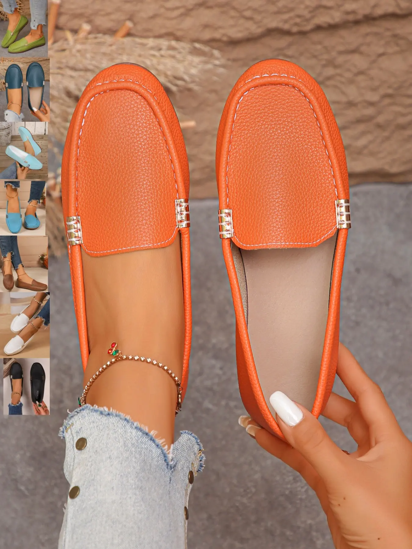 New Summer-Autumn Light Blue Metal Buckle Loafers Flats for Women, Soft Sole Slip-On Bean Shoes, Casual Office Wear, Versatile Everyday Footwear, Soft Soled Shoes