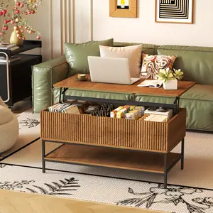 Lift Top Coffee Table 39.4 Inch Rectangle, Farmhouse Style with Hidden Storage & Lower Shelf, Sturdy Steel Legs, Easy Assembly for Living Room, Rustic Brown