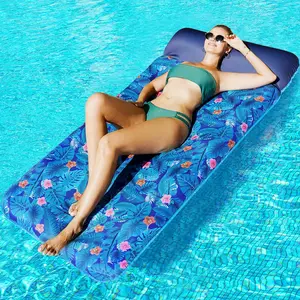 Oversized Pool Float Lounge, 72" X 37" Extra Large Fabric-Covered Pool Floats for Adults, Inflatable Contour Lounger with Headrest Ultra-Comfort Cooling Pool Raft for Gifts for Women(XL, Monstera)