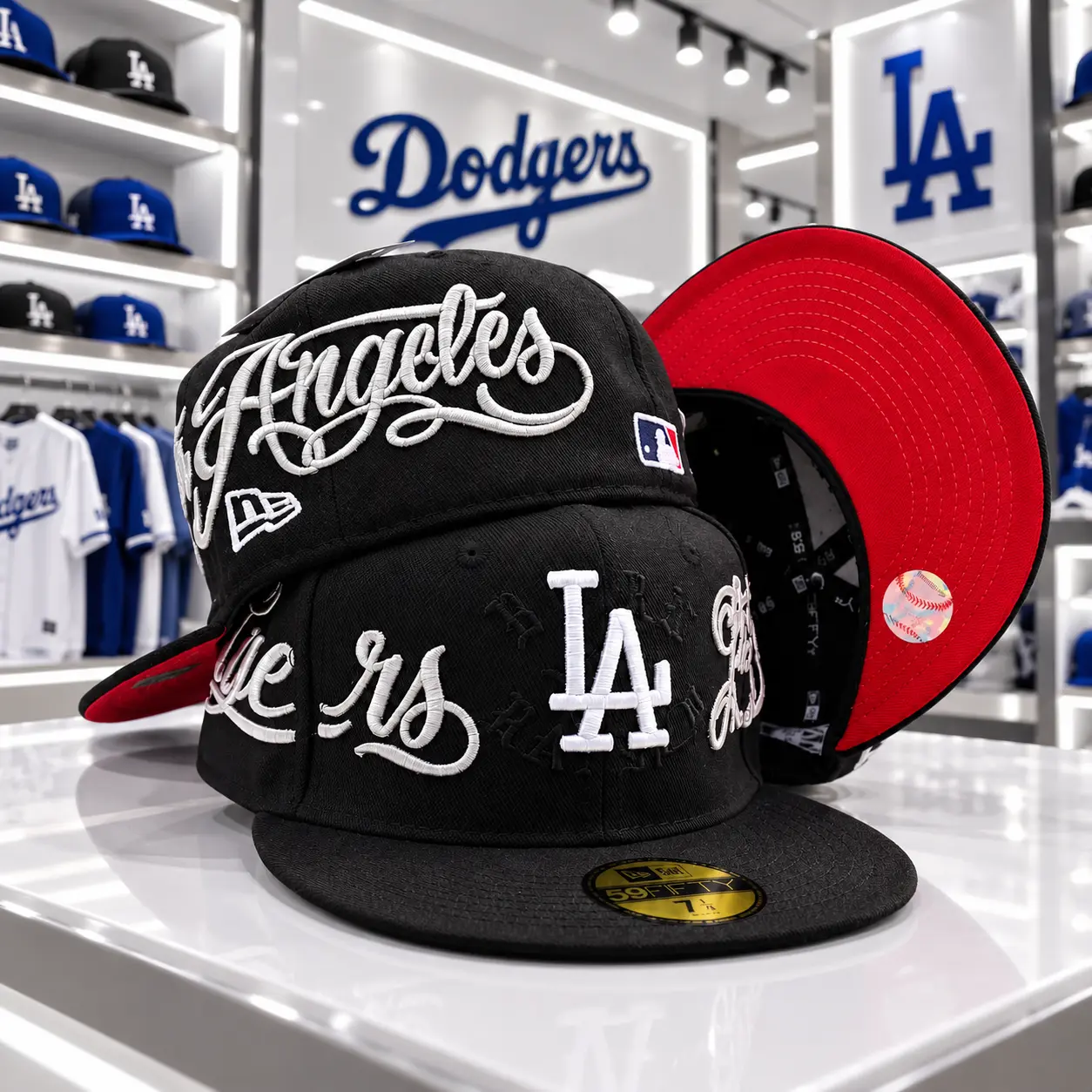 Los Angeles Black 59FIFTY Fitted Hat – All Over Embroidered LA Logo Red Undervisor Flat Brim Baseball Cap