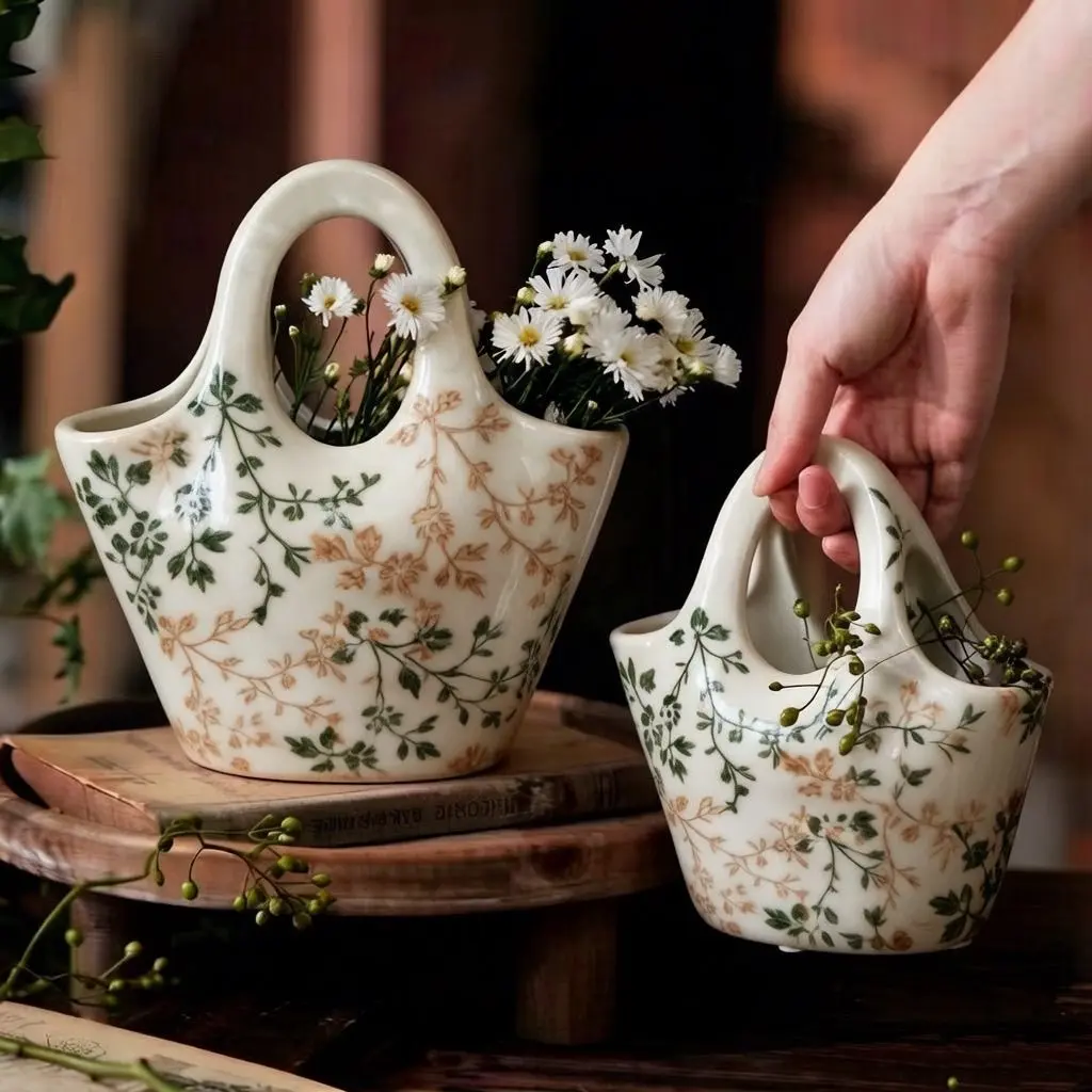 Decorative Handbag-Shaped Ceramic Vase, Retro French Pastoral Flower Vessel, Elegant Chinese Home Decor for Fresh Flowers, Luxury Tabletop Ornament