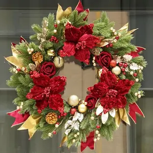 Christmas Door Wreath, 24-inch Outdoor Christmas Wreath with Lights, Large Pre-Assembled Lighted Wreath, Ideal for Holiday Winter Window Decorations and Indoor/Outdoor Christmas Decorations