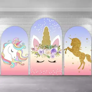 Pink Purple Unicorn Theme Arch Covers Stretchy Backdrop, Gold Glitter Floral Rainbow Design, Perfect for Girls Baby Shower Birthday Party Photo Backdrop
