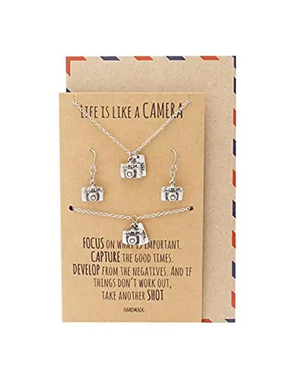 Quan Jewelry Cute Vintage Camera Miniature Jewelry for Women, Camera Necklace, Bracelet, and Earrings Set Photography Gifts