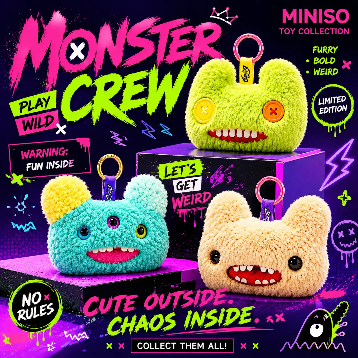 MINISO Fuggler Screech Bio-Monster Plush Tote Bag - Soft Reusable Grocery Tote, Quirky Design Eco-Friendly Fun Gift for Fans, Birthday Present