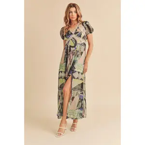 Aemi + Co Lace Detail Slit Geometric Print Short Sleeve Maxi Dress house of cb  dress  naima