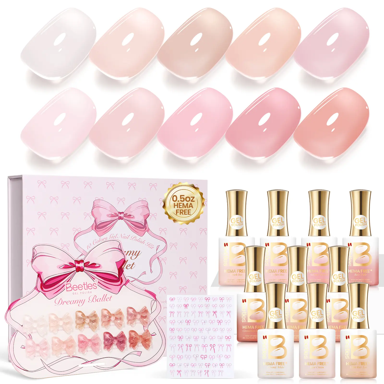 Beetles Nude Gel Nail Polish Set - Dreamy Ballet 10 Colors 15ML Neutral Jelly Pink Nail Polish Kit Base Color Nail Concealer Sheer Translucent Effect Soak Off UV LED French Nail Art Salon DIY Gifts