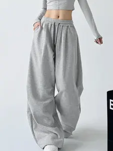 Women's Plain Wide Leg Drawstring Sweatpants, Womenswear Casual Street Aesthetic Comfy Fit Pockets Trousers for Daily Wear, Ladies Bottoms for All Seasons