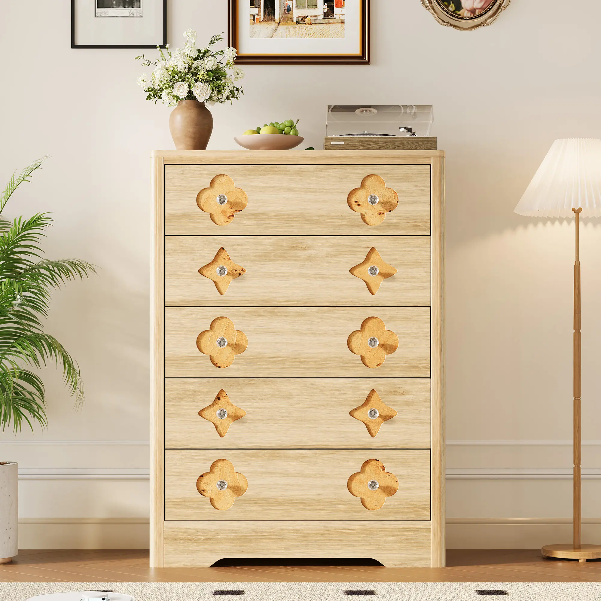 GARVEE Boho 5-Drawer Rattan Dresser - Tall White Wooden Clothes Storage Cabinet, Decorative Drawer Fronts, Multi-Use Chest for Bedroom, Living Room