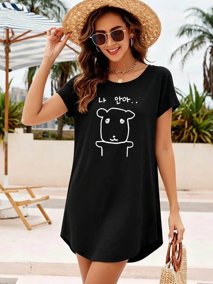 Women's Black Curved Hem Tunic Dress - Minimal Korean Simple Line Hamster Sketch Text Graphic, Short-Sleeve Basic Smooth Breathable Garment, Viral TikTok Kawaii Animal Print Loose Casual Dress, Fabric, Minimalist, Straight, Comfortable