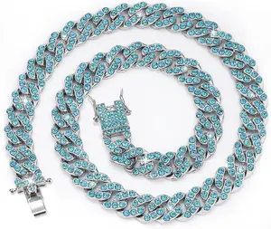 Glitter Dog Chain Collar Teal Diamond Dog Collars Lake Blue Cuban Dog Chains Necklace Turquoise Pet Metal Link Chain with Buckle Pet Jewelry Accessories Chain for Boy Girl Medium Big Dogs Cat