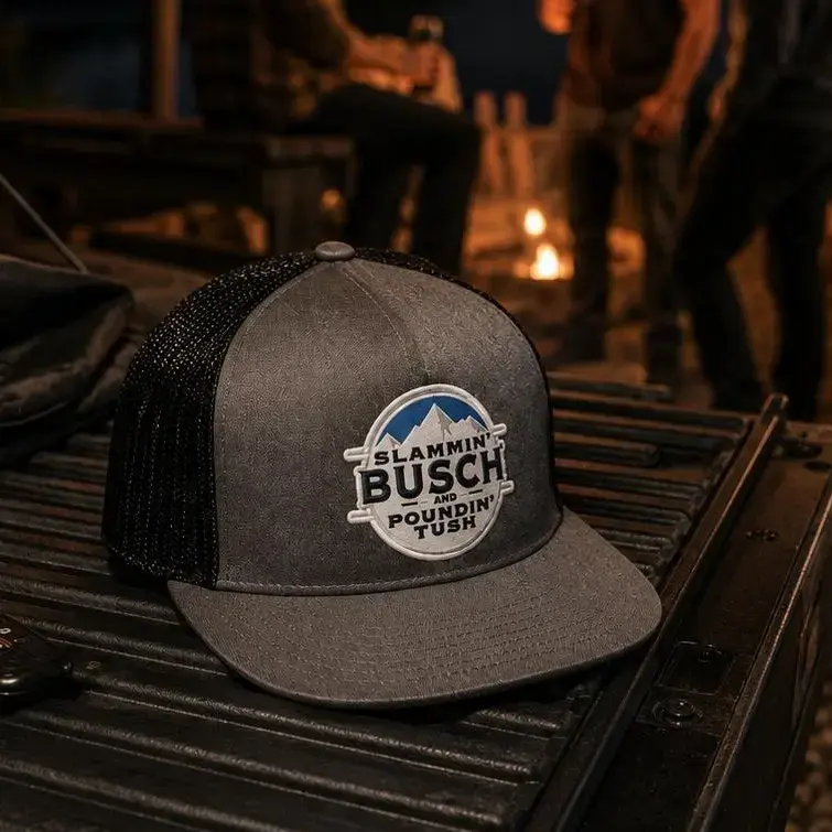 [ BEST 2026 ] Men's Funny Graphic Snapback Trucker Hat - Slammin’ Busch and Poundin’ Tush Print, Adjustable Flat Brim Mesh Cap for Boyfriend, Brother, Husband - Outdoor Adventure, Tailgates, Everyday Wear