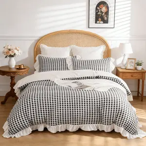 Black and White Gingham Duvet Cover Set 3 Pieces, Vintage Ruffle Trim Checkered Bedding Set with Zipper Closure & Corner Ties, Soft Microfiber Comforter Cover Set for All Season, 1 Duvet Cover + 2 Pillow Shams