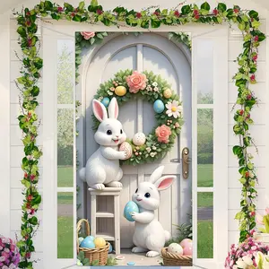 Easter Themed Door Curtain, 1 Count Cute Rabbit Pattern Door Banner with Lanyard, Indoor Outdoor Decorative Door Curtain for Front Door, Bedroom, Kitchen, Porch