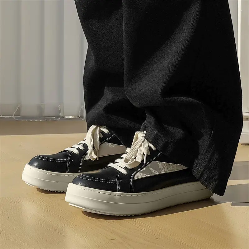 Men's black and white chunky sneakers, lace-up thick-soled casual shoes, simple and stylish everyday footwear