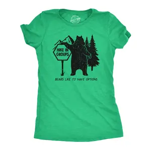 Womens Hike In Groups Bears Like to Have Options T Shirt Funny Hiking Bear Attack Joke Tee for Ladies Funny Womens T Shirts Cute Vintage Fashion Casual Ladies T-Shirt Gift Sarcastic Tops for Women Funny Animal Green -