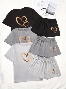Women's Gold Heart Print Sleepwear Loungewear Set, Womenswear Three-Piece Short Sleeve Shorts Pajama Suit, Casual Loose Fit Nightwear for Women