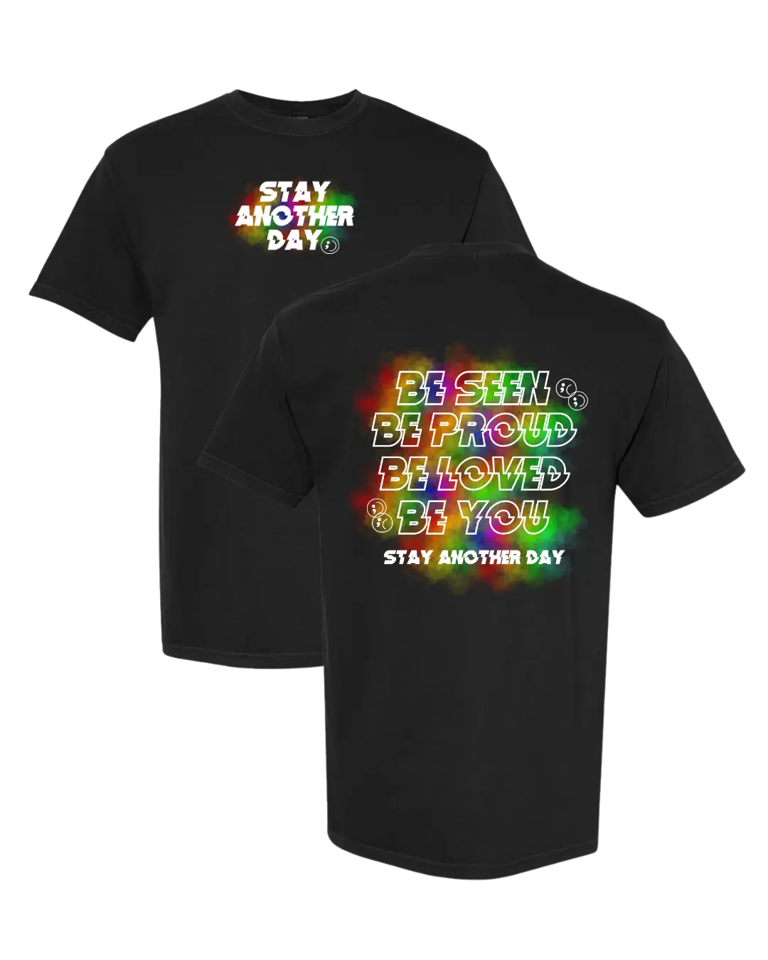 Stay Another Day Men's 2026 Pride Exclusive T-Shirt - Short-Sleeve Color Splash Design with Chest Logo & Message of Love