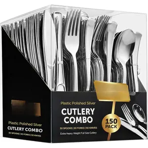150  Plastic Silverware Set - Disposable Flatware Cutlery - 50 Forks, 50 Spoons, 50  - Heavy Duty Party Bulk