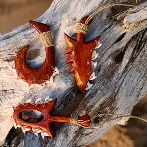 Hawaiian Store Hand-Carved Mini Replica Lei o Mano, Pahoa (Knife) or Makau (Fish Hook) Shark Tooth Polynesian Ornament 4"