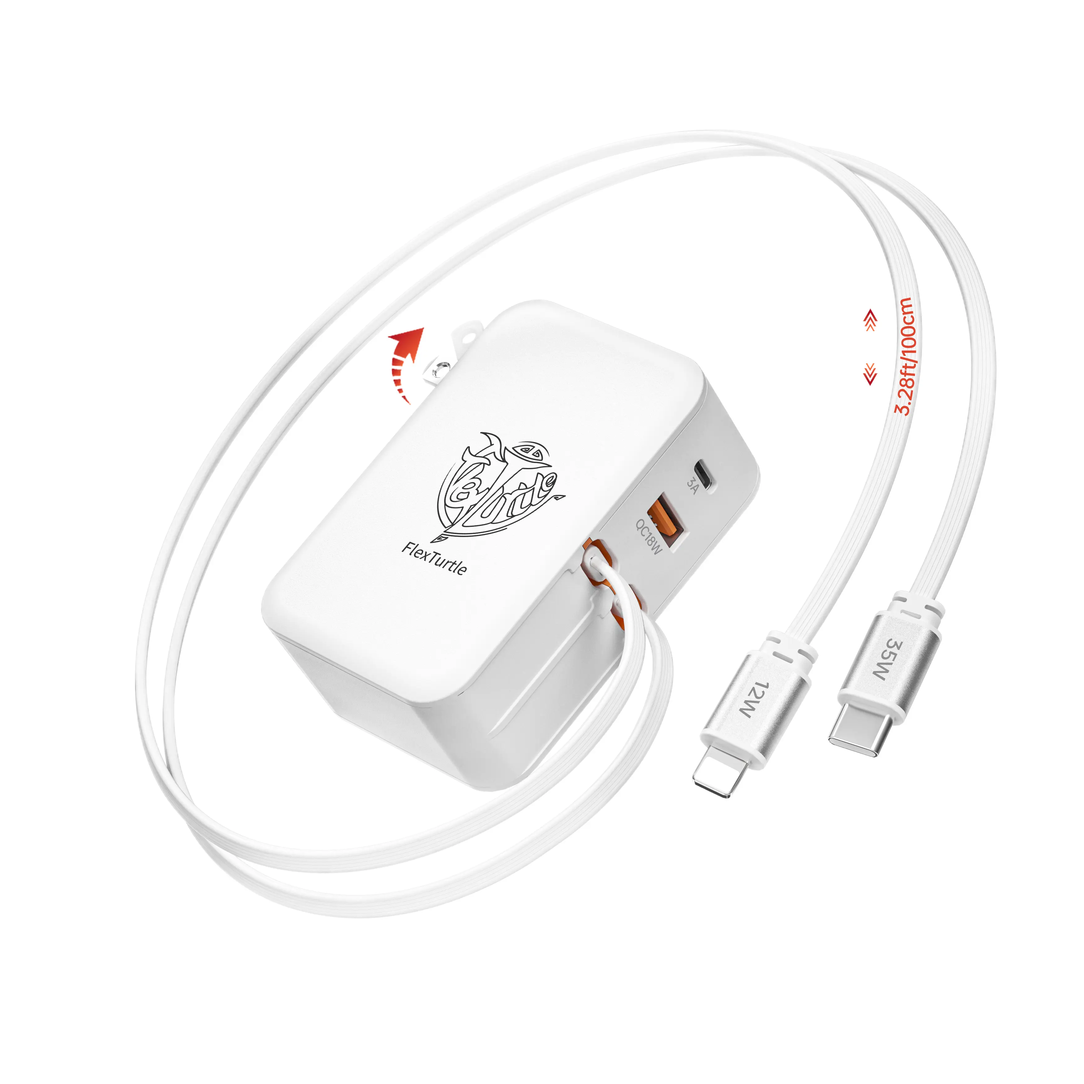 FlexTurtle Ultra-Compact Portable Space-Saving 4-in-1 Retractable Wall Charger - 3.28ft Dual Cables, 2 USB Ports (1 USB-A), 35W/18W/12W Charging, GaN6 Safety Protection for iPhone 17/16/15/14, iPad, Smartphones - Car Electronics Accessory, Devices, 12W Io