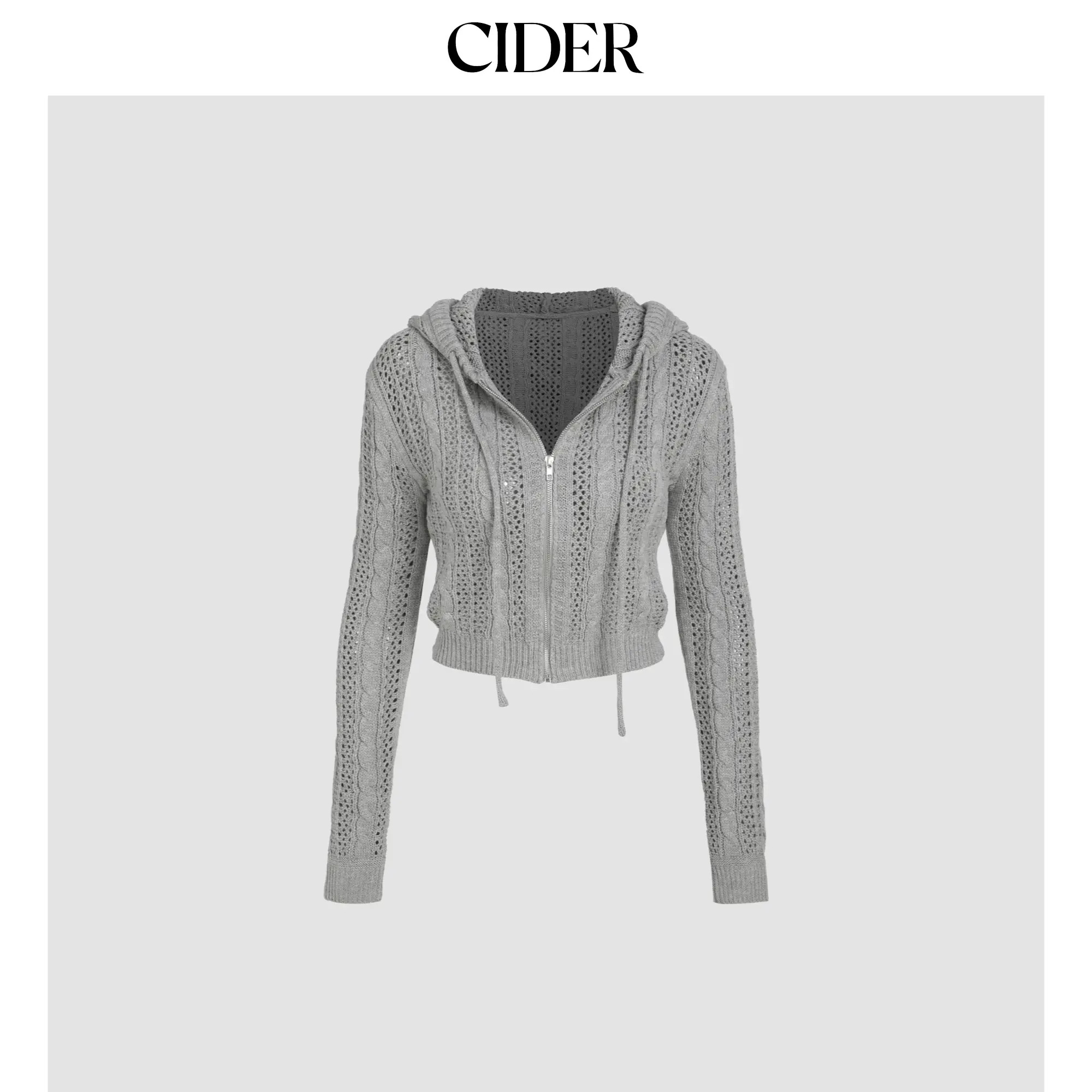 Cider [5 colors, size 0-10] Knit Hooded Zipper Hollow Out Cardigan