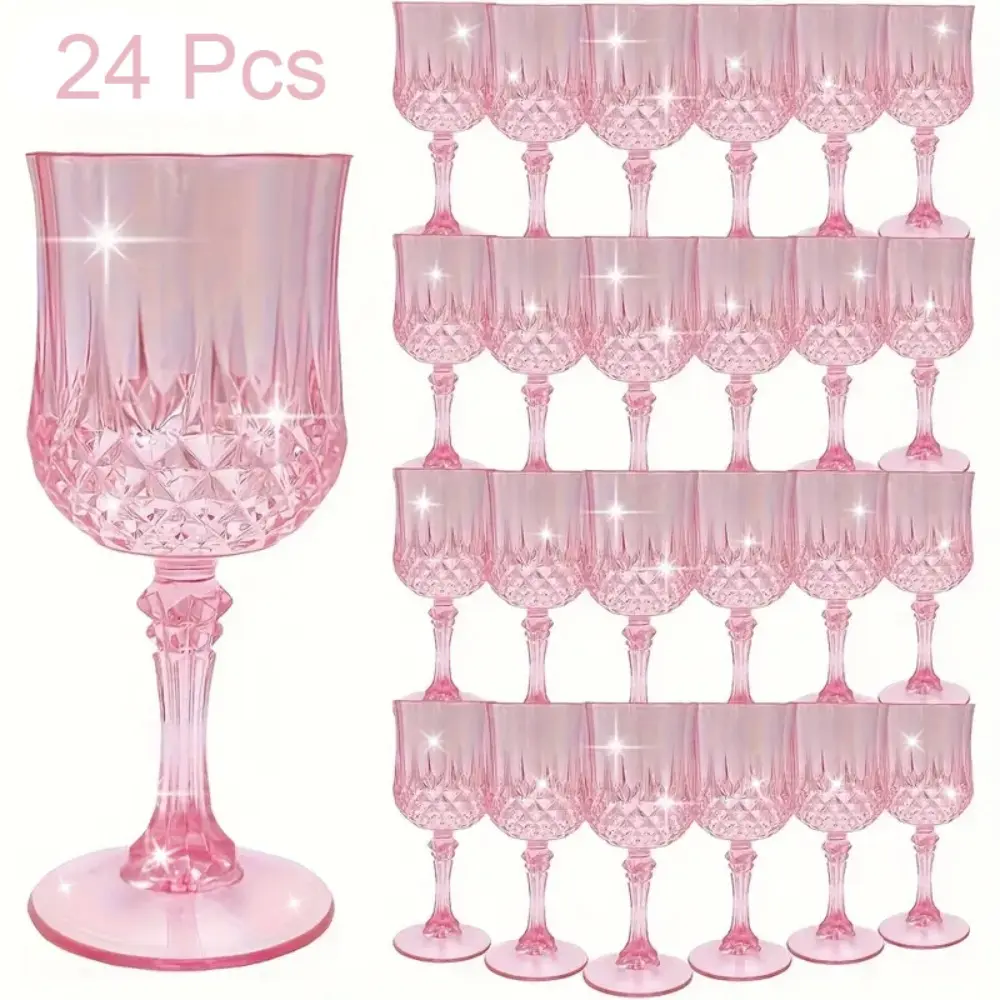Retro Pink Stemmed PS Drink Glasses - 24-Pack 7oz Stackable Lightweight Party Wine Glasses for Wedding Party, Birthday，Christmas,Halloween Gift