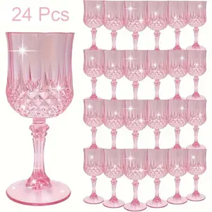 24 Pack 7oz Pink Stemmed Wine Glasses-Champagne Flute Set for Bridal Parties, Stackable Lightweight Plastic Cups, Weddings, Celebrations, Birthdays, Bridal, Retro Bar, Picnics, Gatherings, Table Decoration for New Year Christmas Women Gift