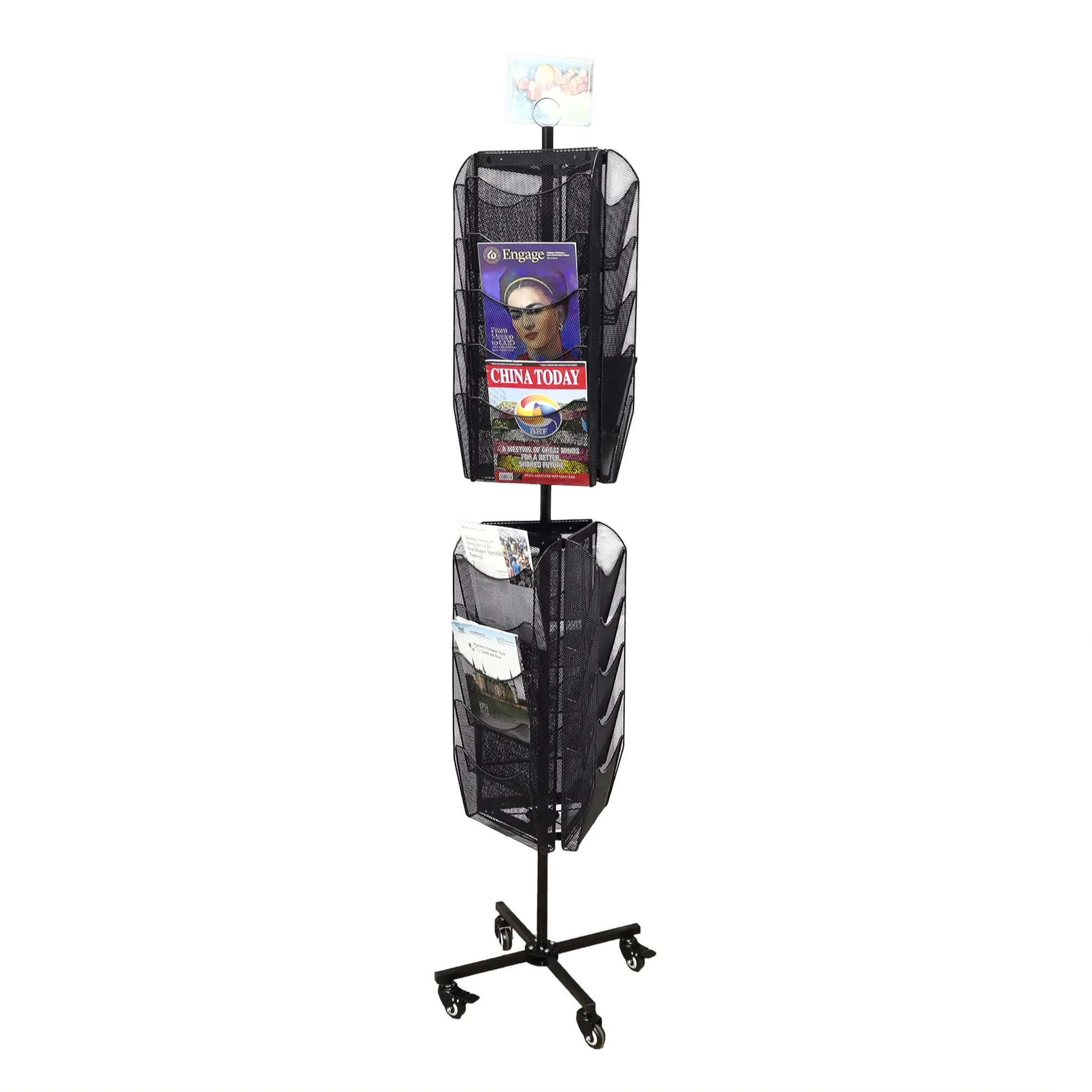 FixtureDisplays® 3 Sided 30 Pockets Mesh File Holder Magazine Rotating Rack Literature Display Stand Spinner Tradeshow Book DVD Black 10156-NF