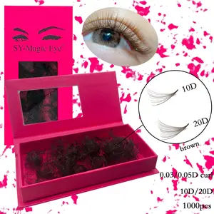 Brown color False Eyelashes,1 Box 1000 Pcs, Thickness 0.03mm / 0.05mm, 10D/20D, Curl C / D, 8-15mm / Mixed Lengths, Sharp Narrow Stem Premade Fans Eyelash Extension, Natural & Soft, Salon & Party & Music Festival & Home Use Daily Life